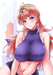 Rule 34 | 1girl, bolobolo, breasts, charlotte hasting, cowlick, highres, large breasts, leaning to the side, long hair, looking at viewer, mature female, midriff, navel, purple eyes, red hair, smile, solo, super robot wars, super robot wars v