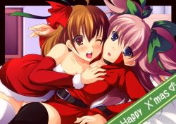 Rule 34 | 2girls, :o, ahoge, bare shoulders, belt, black border, blue eyes, blush, border, grabbing another&#039;s breast, breasts, brown eyes, brown hair, christmas, enoo, grabbing, hair ornament, hair ribbon, hairpin, long hair, medium breasts, multiple girls, open mouth, outside border, raquel applegate, ribbon, santa costume, short hair, short twintails, skirt, surprised, thighhighs, twintails, two side up, wild arms, wild arms 4, yulie ahtreide