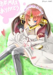 Rule 34 | 1girl, :o, black thighhighs, black veil, blue eyes, blush, breasts, cleavage, commentary request, dress, elbow gloves, eyes visible through hair, fate/apocrypha, fate/grand order, fate (series), flower, frankenstein&#039;s monster (fate), gloves, grass, hair flower, hair ornament, hair over eyes, headgear, heterochromia, highres, horns, nyoon, on ground, petals, pink flower, pink hair, pink rose, rose, see-through, see-through cleavage, short hair, single horn, sitting, small breasts, solo, thighhighs, twitter username, veil, wedding dress, white dress, white gloves, yellow eyes
