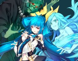 Rule 34 | 1boy, 2girls, arc system works, asymmetrical wings, belt, blue hair, blue skin, breasts, choker, colored skin, crossover, detached sleeves, dizzy (guilty gear), epic seven, fingernails, green eyes, guilty gear, guilty gear xrd, hair between eyes, hair ribbon, hair rings, large breasts, midriff, monster girl, multiple girls, navel, necro (guilty gear), official art, parted lips, red eyes, ribbon, sharp fingernails, shirahane nao, sweatdrop, twintails, undine (guilty gear), wings, worried, yellow ribbon