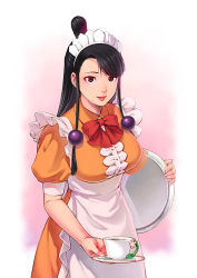 Rule 34 | 1girl, apron, mia fey, black hair, breasts, commentary request, ace attorney, long hair, looking at viewer, magatama, mole, mole under mouth, smile, solo, tamaki g (artist), tea, waitress
