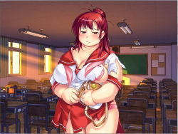 Rule 34 | 1girl, blush, breasts, classroom, fat, game cg, large breasts, play! play! play!, red hair, school, school uniform, solo, torn clothes, wazakita, yamamoto sachie