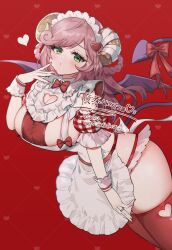 Rule 34 | 1girl, apron, bandaged horn, bow, breasts, broken horn, cleavage cutout, clothing cutout, commission, demon girl, demon horns, demon tail, demon wings, detached sleeves, hair ornament, heart, heart cutout, heart hair ornament, highres, horns, jewelry, large breasts, looking at viewer, maid, maid apron, maid headdress, nanase chiori, original, red background, red nails, red thighhighs, ring, short sleeves, sideboob, signature, skeb commission, skindentation, solo, tail, tail bow, tail ornament, thighhighs, virtual youtuber, white apron, wings, wrist cuffs