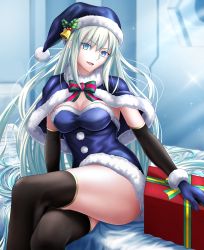 Rule 34 | 1girl, absurdres, black thighhighs, blue eyes, blue hat, breasts, fate/grand order, fate (series), fur-trimmed headwear, fur trim, grey hair, harukey, hat, highres, large breasts, long hair, looking at viewer, morgan le fay (fate), santa hat, sidelocks, solo, thighhighs, thighs, very long hair