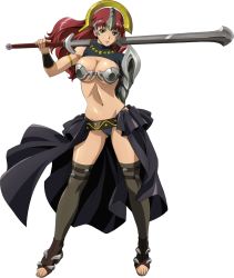 Rule 34 | 00s, 1girl, armor, bikini armor, breasts, claudette (queen&#039;s blade), claudette (queen's blade), claudette lord of thundercloud, cleavage, full body, green eyes, holding, holding sword, holding weapon, large breasts, looking at viewer, navel, pauldrons, queen&#039;s blade, red hair, shoulder armor, solo, sword, thighhighs, transparent background, weapon