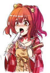Rule 34 | 1girl, bell, checkered clothes, checkered shirt, food, highres, koissa, licking, motoori kosuzu, open mouth, orange hair, popsicle, shirt, simple background, solo, strap slip, touhou, two side up, white background, yellow eyes