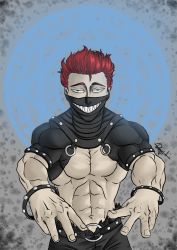 Rule 34 | 1boy, abs, belt, black clover, black pants, blue eyes, bodysuit, highres, looking at viewer, male focus, mask, muscular, muscular arms, muscular male, no shirt, pants, pectorals, red eyes, sharp teeth, solo, teeth, zora ideale