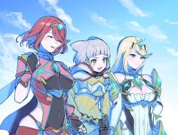 Rule 34 | 3girls, bare shoulders, blonde hair, blunt bangs, bodysuit, breasts, chest jewel, cleavage cutout, closed eyes, clothing cutout, fangs, gloves, large breasts, lobsterbaby99, long hair, multiple girls, mythra (xenoblade), nia (xenoblade), outdoors, pyra (xenoblade), red hair, short hair, silver hair, small breasts, smile, spoilers, swept bangs, upper body, xenoblade chronicles (series), xenoblade chronicles 2, yellow bodysuit, yellow eyes