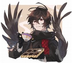 Rule 34 | 1boy, absurdres, ahoge, box, box of chocolates, brown hair, brown jacket, brown scarf, brown wings, chocolate, coffee, coffee cup, commentary, cup, disposable cup, feathered wings, gloves, granblue fantasy, hair between eyes, highres, jacket, layered sleeves, light smile, looking at viewer, male focus, messy hair, official alternate costume, red eyes, ribbed sweater, sandalphon (granblue fantasy), scarf, simple background, solo focus, sparkle, star (symbol), steam, sweater, symbol-only commentary, upper body, wings, yakota (usuk-yako)