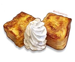 Rule 34 | artist name, bread, cream, food, food focus, french toast, highres, ice cream, mitomaton, no humans, original, realistic, simple background, soft serve, still life, sweets, twitter username, white background
