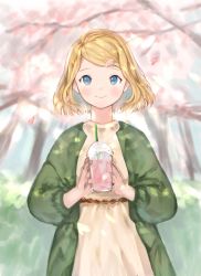 Rule 34 | 1girl, beige dress, blonde hair, blue eyes, blurry, blurry background, cherry blossoms, closed mouth, coat, commentary, cup, day, disposable cup, drinking straw, falling petals, green coat, hands up, highres, ikoan, long sleeves, looking at viewer, open clothes, open coat, original, outdoors, petals, short hair, smile, solo, sunlight, symbol-only commentary, tree, upper body