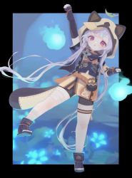 Rule 34 | 1girl, 750x077, animal ears, animal hood, arm up, bandaged leg, bandages, bike shorts, black footwear, black gloves, black shorts, boots, child, clenched hands, cosplay, fake animal ears, fake tail, fingerless gloves, full body, genshin impact, gloves, grey hair, highres, hitodama, hood, japanese clothes, kimono, leaf, leaf on head, legs, long hair, looking at viewer, obi, ofuda, qiqi (genshin impact), raccoon ears, raccoon tail, red eyes, sash, sayu (genshin impact), sayu (genshin impact) (cosplay), short kimono, short shorts, short sleeves, shorts, solo, tail, thigh strap, thighs, toeless footwear, toes