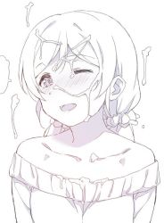 Rule 34 | 10s, 1girl, ;d, bare shoulders, blush, collarbone, cum, cum on body, cum on upper body, duke (inu daimyou), facial, greyscale, hair ornament, hair scrunchie, long hair, looking at viewer, love live!, love live! school idol project, monochrome, nose blush, off-shoulder, off-shoulder sweater, off shoulder, one eye closed, open mouth, scrunchie, smile, solo, sweater, tojo nozomi, twintails, upper body