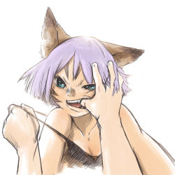 Rule 34 | 00s, 1girl, animal ears, bad id, bad pixiv id, blue eyes, clothes pull, comic, fang, final fantasy, final fantasy xi, mithra (ff11), nucomas, purple hair, pushing, shirt pull, simple background, solo, white background