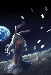 Rule 34 | 1girl, animal ears, apron, backlighting, blue dress, blue eyes, blush, box, card, dark, dress, earth (planet), hands on lap, long hair, looking to the side, makihitsuji, moon, neck ribbon, on moon, open mouth, original, planet, playing card, rabbit ears, ribbon, seiza, silver hair, sitting, solo, space, surprised, thighhighs, waist apron, white thighhighs