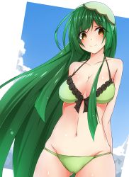 Rule 34 | 1girl, ahoge, alternate costume, bikini, blue sky, blush, breasts, cloud, day, green bikini, green hair, groin, hair ornament, highres, large breasts, long hair, looking at viewer, navel, sky, smile, solo, swimsuit, tokonone, touhoku zunko, very long hair, vocaloid, voiceroid, yellow eyes