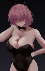 Rule 34 | 1girl, absurdres, alternate costume, animal ears, arm behind head, bad id, bad pixiv id, bare shoulders, between breasts, black background, black leotard, blush, breasts, cleavage, detached collar, fake animal ears, fate/grand order, fate (series), hair between eyes, hair over one eye, highres, large breasts, leotard, mash kyrielight, pink eyes, pink hair, playboy bunny, rabbit ears, short hair, solo, strapless, strapless leotard, thighs, wrist cuffs, zaki (zaki btw)