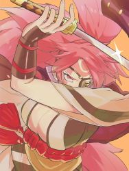 Rule 34 | baiken, breasts, eyepatch, fighting stance, guilty gear, guilty gear xrd, highres, holding, holding sword, holding weapon, japanese clothes, kataginu, katana, kimono, long hair, looking at viewer, pink eyes, ponytail, samurai, solo, sword, weapon