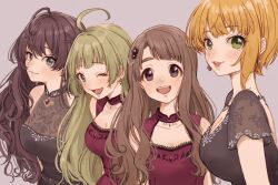 Rule 34 | 4girls, :3, :d, ;d, ahoge, bare shoulders, black dress, blonde hair, blue eyes, blush, braid, breasts, brown hair, cleasky (idolmaster), cleavage, cleavage cutout, closed mouth, clothing cutout, collarbone, commentary request, curtained hair, dress, drop earrings, earrings, flower, gem, green eyes, green hair, grey eyes, hair flower, hair ornament, ichinose shiki, idolmaster, idolmaster cinderella girls, idolmaster cinderella girls starlight stage, idolmaster million live!, idolmaster million live! theater days, jewelry, large breasts, lazy lazy (idolmaster), long hair, looking at viewer, looking to the side, medium breasts, medium hair, miyamoto frederica, miyao miya, multiple girls, necklace, one eye closed, open mouth, pink background, raised eyebrows, red dress, red gemstone, see-through, see-through cleavage, shimabara elena, short sleeves, sidelocks, sideways glance, simple background, sleeveless, sleeveless dress, smile, tanupon, teeth, thick eyebrows, thick eyelashes, upper body, upper teeth only, wavy hair