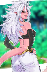 Rule 34 | 1girl, alternate form, android 21, ass, black sclera, bracelet, colored sclera, colored skin, dragon ball, dragon ball fighterz, from behind, hands on own hips, harem pants, highres, hip focus, jewelry, long hair, looking back, majin android 21, pants, pink skin, red hair, smile, solo, spiked hair, spoilers, tail, wallace pires