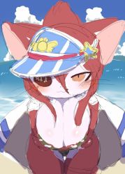 Rule 34 | 1girl, beach, breast hold, breasts, cat, cat busters, cleavage, eyepatch, furry, furry female, hinozuki (cat busters), kajiura, licking lips, long hair, looking at viewer, outdoors, red hair, solo, tongue, tongue out
