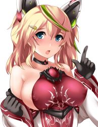 Rule 34 | 1girl, :o, areola slip, bare shoulders, black neckwear, blonde hair, blush, breasts, choker, collarbone, covered erect nipples, detached sleeves, dress, gene (pso2), green eyes, hair ornament, hairclip, headgear, highres, index finger raised, large breasts, long sleeves, open mouth, phantasy star, phantasy star online 2, red dress, sleeves past wrists, solo, star (symbol), star hair ornament, strapless, strapless dress, tareme, twintails, underbust, upper body, wide sleeves, yoshimo