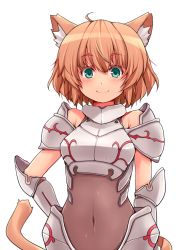 Rule 34 | 1girl, amane hasuhito, animal ears, aqua eyes, armor, bad id, bad pixiv id, blush, breastplate, gauntlets, knight, looking at viewer, monster girl, navel, orange hair, original, pauldrons, short hair, shoulder armor, simple background, smile, solo, tail, white background