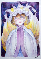Rule 34 | 1girl, animal hat, blonde hair, bob cut, bright pupils, collar, collared dress, commentary request, crazy eyes, dress, eyelashes, fox tail, frilled collar, frilled hat, frilled sleeves, frills, hair between eyes, hands in opposite sleeves, hands up, hat, johnalay, kitsune, kyuubi, lips, long sleeves, looking away, mob cap, multiple tails, ofuda, ofuda on clothes, painting (medium), parted lips, short hair, sidelocks, signature, solo, tabard, tail, tassel, touhou, traditional media, upper body, watercolor (medium), white dress, wide-eyed, wide sleeves, yakumo ran, yellow eyes