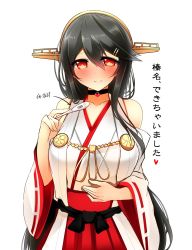 Rule 34 | 10s, 1girl, arrow (symbol), bad id, bad nicoseiga id, bare shoulders, black hair, blush, breasts, commentary request, detached sleeves, digital thermometer, female focus, hair ornament, hairband, hairclip, hand on own stomach, haruna (kancolle), headgear, highres, jewelry, kantai collection, large breasts, light smile, long hair, looking at viewer, nontraditional miko, red eyes, ribbon-trimmed sleeves, ribbon trim, ring, simple background, solo, thermometer, translation request, tsukui kachou, upper body, wedding band, white background, you&#039;re doing it wrong