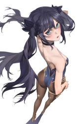 Rule 34 | 1girl, absurdres, ass, backless leotard, bare shoulders, black choker, black hair, blue leotard, bodystocking, choker, from above, from behind, full body, genshin impact, gold trim, hair ribbon, hand on own hip, highres, leotard, long hair, looking at viewer, looking back, minchodam, mona (genshin impact), ponytail holder, purple leotard, ribbon, sparkle print, twintails, white background