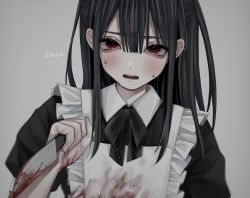 Rule 34 | 0mdjn0, absurdres, apron, artist name, black hair, black neckwear, black shirt, blood, blood on clothes, collared shirt, crazy, dress, fang, fangs, grey background, hair between eyes, highres, holding, holding knife, holding weapon, knife, long hair, looking at viewer, maid, maid apron, open mouth, original, pinafore dress, red eyes, reverse grip, shirt, short sleeves, sleeveless dress, sweatdrop, twitter username, weapon, white apron