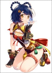 Rule 34 | 1girl, absurdres, bare shoulders, belt, black gloves, blue hair, blush, breasts, brown dress, china dress, chinese clothes, dress, duplicate, fingerless gloves, genshin impact, gloves, hair ornament, hair rings, hairclip, highres, kei (soundcross), kneeling, looking at viewer, medium breasts, pelvic curtain, short dress, short hair, sleeveless, sleeveless dress, solo, thighs, two-tone dress, white background, xiangling (genshin impact), yellow dress, yellow eyes