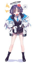 Rule 34 | 1girl, absurdres, anger vein, black footwear, black skirt, black socks, blue archive, blue necktie, blush, collared shirt, formal, full body, halo, hands on own hips, highres, jacket, long hair, long sleeves, looking at viewer, mechanical halo, necktie, open mouth, pleated skirt, purple eyes, purple hair, shirt, shoes, simple background, skirt, socks, solo, spoken squiggle, squiggle, standing, suit, tsukudani (ore624), two-sided fabric, two-sided jacket, two side up, white background, white jacket, white shirt, yuuka (blue archive)