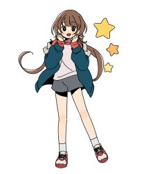Rule 34 | 1girl, :d, bare legs, black eyes, blue jacket, blush, brown hair, dot nose, full body, grey shorts, hair ribbon, hands up, harumaru sk, highres, jacket, legs apart, long sleeves, low twintails, open clothes, open jacket, open mouth, orange ribbon, original, red footwear, ribbon, shirt, shoes, shorts, simple background, smile, socks, solo, star (symbol), straight-on, twintails, white background, white shirt, white socks