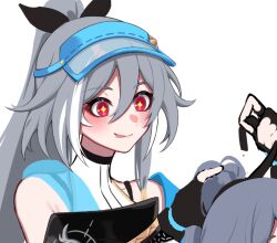 Rule 34 | + +, 2girls, :p, bare shoulders, black gloves, black ribbon, blue headwear, closed mouth, dual persona, fingerless gloves, fu hua, fu hua (herrscher of sentience), fu hua (ooh! summer!) (herrscher of sentience), gloves, grey hair, hair between eyes, honkai (series), honkai impact 3rd, multiple girls, ponytail, red eyes, ribbon, see-through, simple background, smile, solo focus, tongue, tongue out, tying hair, unfinished, upper body, visor cap, white background, yunomi (yunomi hs)