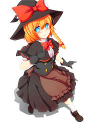 Rule 34 | 1girl, apron, black capelet, black gloves, black hat, black skirt, black vest, blonde hair, blue eyes, blush, bow, bowtie, braid, brown apron, brown footwear, capelet, closed mouth, commentary request, cookie (touhou), frilled apron, frilled bow, frills, full body, gloves, hair between eyes, hair bow, hat, hat bow, highres, kirisame marisa, looking at viewer, medium hair, meguru (cookie), red bow, red bowtie, shoes, side braid, simple background, single braid, skirt, smile, socks, solo, szk, touhou, vest, waist apron, white background, white socks, witch hat