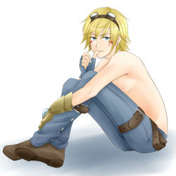 Rule 34 | 1boy, belt, blonde hair, blue eyes, earrings, ezreal, facial mark, finger to mouth, fingerless gloves, gloves, goggles, goggles on head, jewelry, league of legends, male focus, pants, setokaiya, topless male, shoes, short hair, sitting, solo