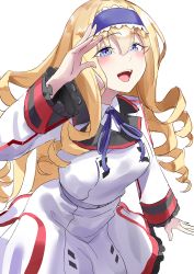 Rule 34 | 1girl, absurdres, belt, belt buckle, blonde hair, blue eyes, blue hairband, blue ribbon, blush, breasts, buckle, cecilia alcott, collared shirt, curly hair, dress, drill hair, eyelashes, hair between eyes, hairband, highres, infinite stratos, infinite stratos academy school uniform, large breasts, lolita hairband, long hair, long sleeves, looking at viewer, manno (kanpi2100), neck ribbon, open mouth, ribbon, school uniform, shirt, simple background, smile, very long hair, white background, white belt, white dress, white shirt