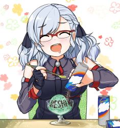 Rule 34 | ^ ^, bad id, bad pixiv id, blush, can, closed eyes, cup, drooling, closed eyes, fingerless gloves, floral background, girls&#039; frontline, glasses, gloves, grey hair, hair ribbon, happy, ice, mouth drool, pelican (s030), ribbon, short hair, smile, solo, spas-12 (girls&#039; frontline), spoon, table