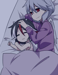 Rule 34 | 2girls, :3, = =, blanket, clenched hands, cone horns, fang, from behind, futon, grey horns, horns, jeno, kijin seija, kishin sagume, mother and daughter, multicolored hair, multiple girls, playing with another&#039;s hair, red eyes, short hair, silver hair, single wing, sleeping, smile, streaked hair, sweatdrop, touhou, translation request, wings