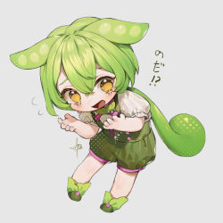 Rule 34 | 1girl, animal ears, chibi, confused, crying, crying with eyes open, full body, green hair, grey background, hair between eyes, open mouth, puffy short sleeves, puffy shorts, puffy sleeves, sad, short sleeves, shorts, solo, suteinua, tears, translation request, yellow eyes, zundamon