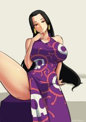 Rule 34 | 1girl, black hair, blue eyes, blush, boa hancock, breasts, cleavage, curvy, highres, huge breasts, jewelry, large areolae, large breasts, long hair, navel, nipples, nude, one piece, puffy nipples, sagging breasts, smile, solo