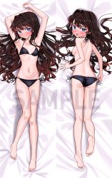 Rule 34 | 1girl, armpits, ass, backboob, bikini, black bikini, blue eyes, blush, breasts, brown hair, closed mouth, dakimakura (medium), elisia valfelto, fingernails, from above, from behind, hair intakes, hair spread out, hands up, highres, long hair, looking at viewer, looking back, luicent, lying, multiple views, nail polish, navel, on bed, open mouth, original, pink nails, sample watermark, side-tie bikini bottom, small breasts, sweat, swimsuit, thigh gap, watermark