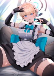 Rule 34 | 1girl, absurdres, apron, arms up, black gloves, black thighhighs, blonde hair, blue archive, blue eyes, blush, double v, elbow gloves, fingerless gloves, frills, gloves, halo, highres, kunimine yuzuki, looking at viewer, maid, maid headdress, open mouth, revision, sitting, solo, thigh strap, thighhighs, thighs, toki (blue archive), v, white apron, white headwear
