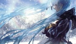 Rule 34 | 1girl, blue eyes, blue hair, cloud, coat, day, floating hair, hand on own chest, hatsune miku, highres, kika, light rays, long hair, long sleeves, music, open mouth, outdoors, project sekai, scarf, singing, sky, snow, snowing, standing, sunbeam, sunlight, sweat, tree, twintails, vocaloid, winter, winter clothes, winter coat