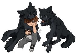 Rule 34 | 2boys, animal ears, artist name, black footwear, black fur, black hair, blue eyes, body fur, brown eyes, brown hair, child, closed mouth, commentary, deviidog0, english commentary, full body, furry, furry male, grey pants, grey shirt, hand up, highres, holding, holding phone, hug, invisible chair, licking, male focus, multiple boys, multiple views, one eye closed, original, pants, phone, shirt, shoes, short hair, short sleeves, simple background, sitting, smile, sneakers, t-shirt, tail, twitter username, werewolf, white background, wolf boy, wolf ears, wolf tail