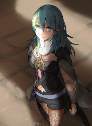 Rule 34 | 1girl, black shorts, blue eyes, blue hair, brown pantyhose, byleth (female) (fire emblem), byleth (fire emblem), cape, closed mouth, fire emblem, fire emblem: three houses, lace, lace-trimmed legwear, lace trim, medium hair, nintendo, pantyhose, pantyhose under shorts, robaco, shorts, solo, twitter username
