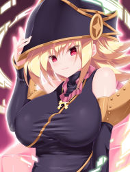 Rule 34 | 1girl, alternate breast size, bare shoulders, black dress, black gloves, black headwear, blonde hair, breasts, calcio, cleavage, detached sleeves, dress, duel monster, elbow gloves, gagaga girl, gloves, hair between eyes, hand on headwear, hat, highres, jewelry, large breasts, looking at viewer, medium hair, necklace, outline, pink background, pink outline, red eyes, smile, white outline, wizard hat, yu-gi-oh!, yu-gi-oh! zexal