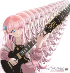 Rule 34 | 1girl, bocchi the rock!, clone, closed mouth, copyright name, cube hair ornament, demonasa, electric guitar, english text, eyes visible through hair, gibson les paul, gotoh hitori, guitar, guitar hero, hair between eyes, hair ornament, highres, holding, holding instrument, holding plectrum, instrument, jacket, long hair, long sleeves, multicolored clothes, multicolored jacket, music, open clothes, open jacket, pink hair, pink jacket, playing instrument, plectrum, serious, simple background, solo focus, two-tone jacket, upper body, white background, white jacket
