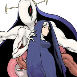 Rule 34 | 1girl, blonde hair, breasts, closed eyes, crown, curvy, double (skullgirls), dual persona, habit, mutant, nun, pregnant, red eyes, size difference, skullgirls, smile, teeth, tentacles, torn clothes, traditional nun, tsukudani (coke-buta), veins, wide hips